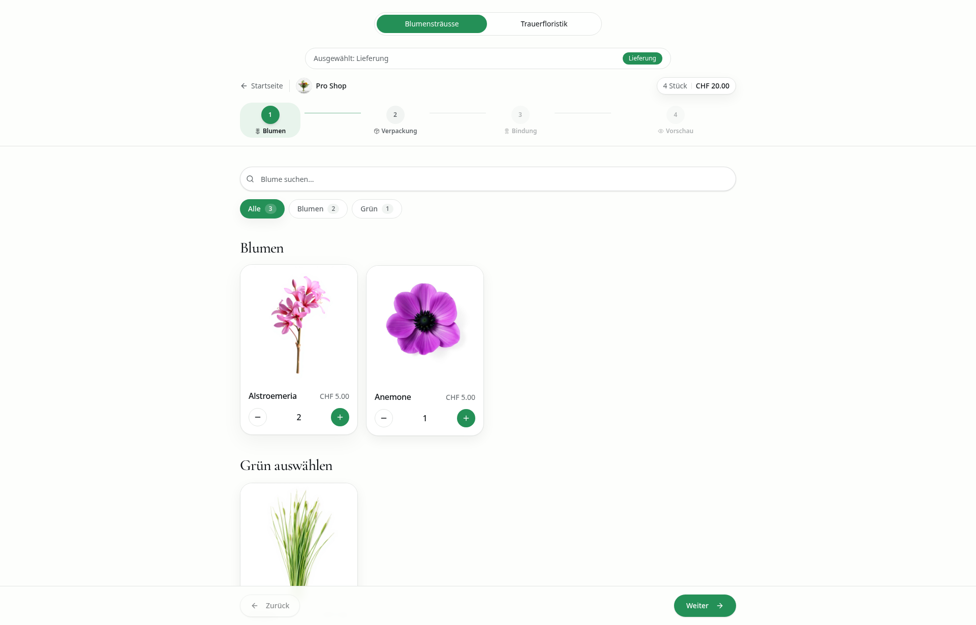 Éclora Blumen-Builder – Schritt Blumen mit Blumenauswahl und Stückzahl