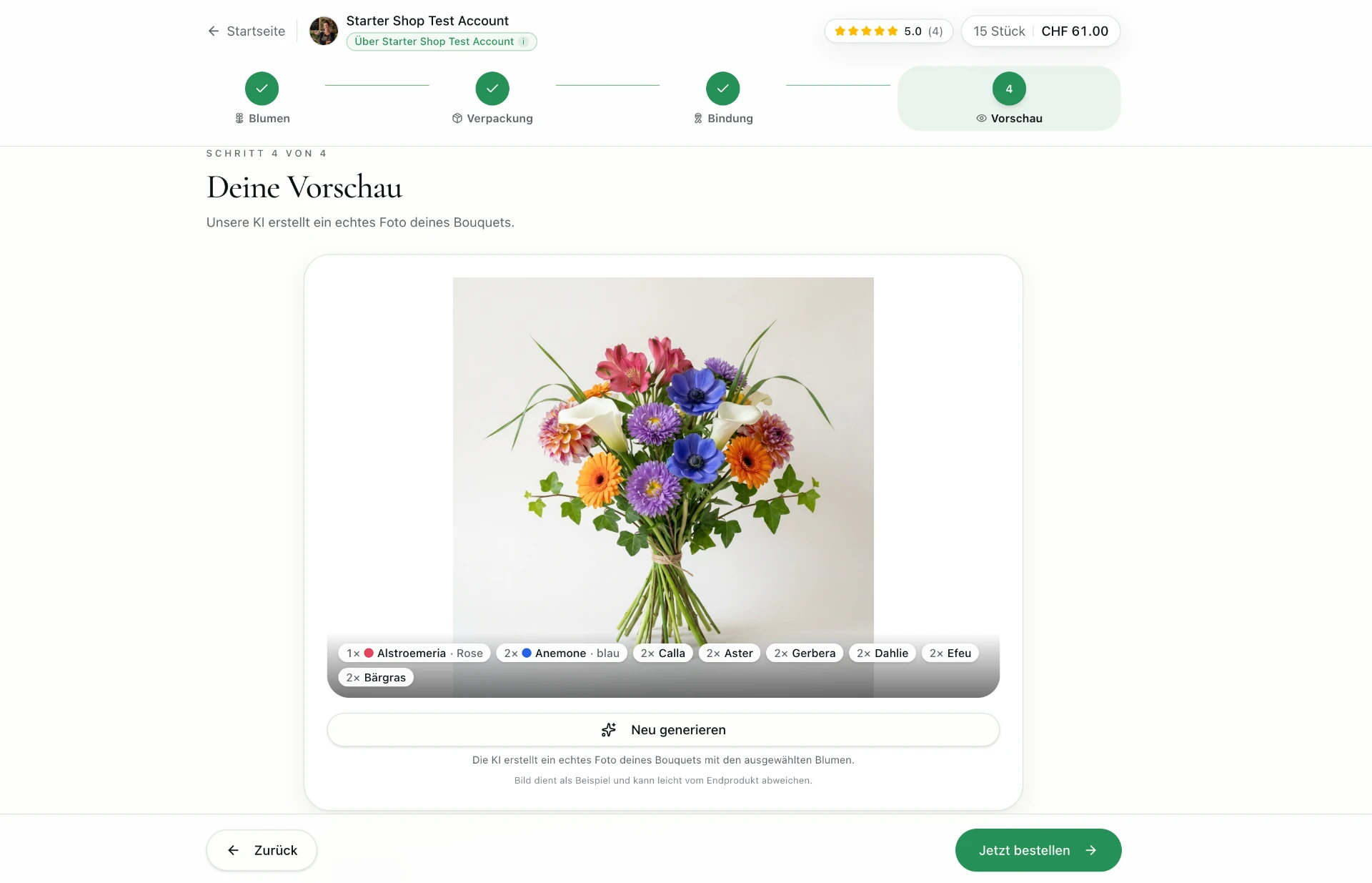 Éclora Blumen-Builder mit automatisch erzeugter KI-Vorschau