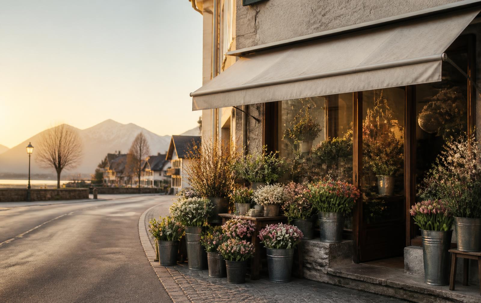 Lokales Blumengeschäft im Abendlicht